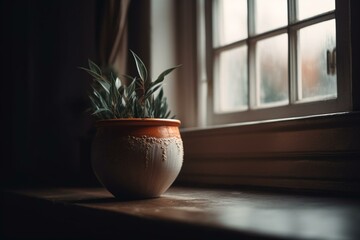 A plant pot sitting by a window in a room. Generative AI