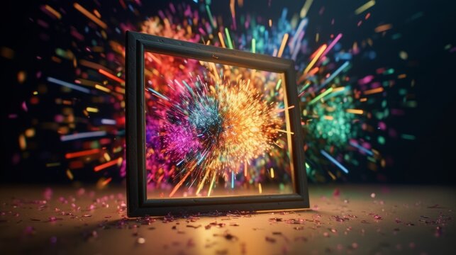 Explosive Colors & Ultra-Detailed Quality: Sony A9 35mm Photoshoot with Picture Frames on Bright Shiny Backgrounds for Holiday Stars & Celebrations, Generative AI