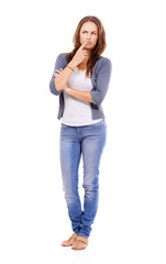 Hand, thinking and confused woman isolated on transparent, png background for choice, decision or choice. Casual person or model standing and thoughtful, contemplating or ideas