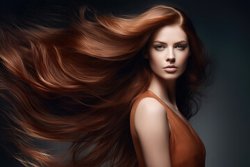 Beautiful red-haired woman with long and shiny wavy hair.  Composite with different elements made with generative AI