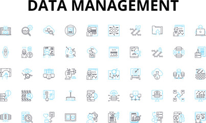 Fototapeta na wymiar Data management linear icons set. Organization, Structuring, Integration, Analysis, Cleansing, Validation, Governance vector symbols and line concept signs. Storage,Retrieval,Backup Generative AI
