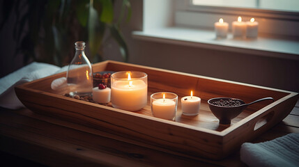 Wooden bathtub tray with candles, eyeglasses and cup of tea in light room, generative ai