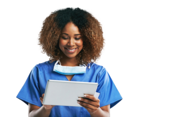 Woman, black nurse and tablet for typing in studio with smile, focus and web communication. Surgeon or doctor, reading or writing on social media app, good news or chat isolated on a png background
