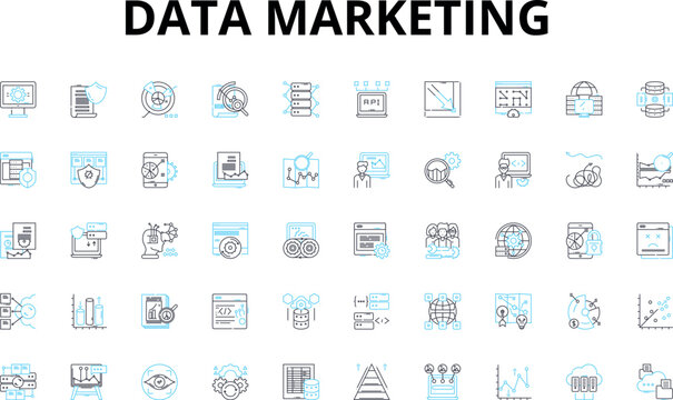 Data marketing linear icons set. Analytics, Segmentation, Personalization, Automation, Metrics, Optimization, Campaigns vector symbols and line concept signs. ROI,Targeting,Metrics Generative AI