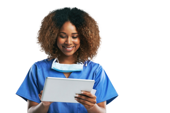Woman, black nurse and tablet for typing in studio with smile, focus and web communication. Surgeon or doctor, reading or writing on social media app, good news or chat isolated on a png background