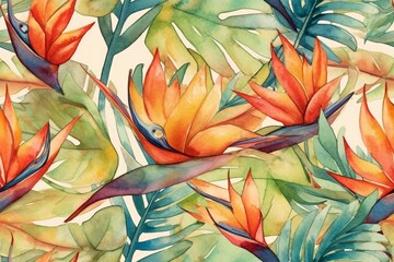Palm leaves, tropical flowers orchid, hibiscus on background, watercolor botanical. Seamless patterns. Generative Ai.