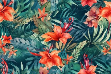 Palm leaves, tropical flowers orchid, hibiscus on background, watercolor botanical. Seamless patterns. Generative Ai.
