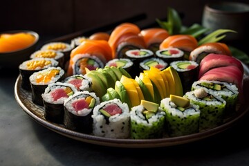 Vibrant images of fresh sushi rolls, arranged artfully on a plate. Generative Ai.