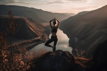Woman Female doing Yoga pose with beautiful scenery in the background. Generative Ai.