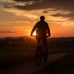 Fototapeta na wymiar Silhouette of a Bike Rider Riding into the beautiful Sunset, generative AI