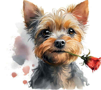Yorkshire Terrier with flower isolated on white background. Romantic dog with a delicate flower. Close up.
