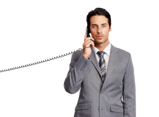 Portrait, landline and serious business man isolated on a transparent png background. Telephone, conversation and male professional with phone call for listening, talk and communication with contact