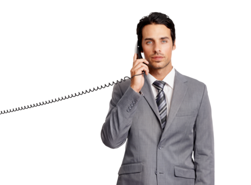 Portrait, landline and serious business man isolated on a transparent png background. Telephone, conversation and male professional with phone call for listening, talk and communication with contact