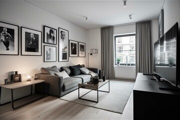 Fototapeta na wymiar New apartment with gallery in multi-family house. Generative AI