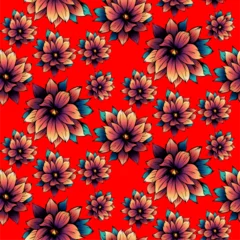 Fototapeten Colored vector seamless half-drop pattern, with inked style flowers © eLifeS