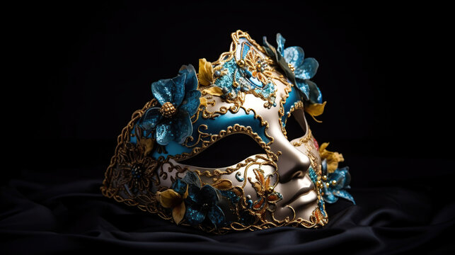Photo of elegant and delicate Venetian mask over blue dark background, generative ai