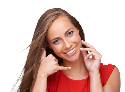 Portrait, happy woman and call me sign or contact us on an isolated and transparent png background. Communication or connection, female face and hands gesture telephone talking or having conversation