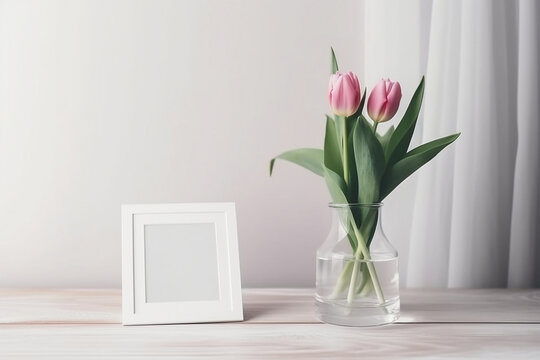 A close up of a tulip flower in a glass vase with a picture frame on a white wooden table and a clean wall at home, with the theme of Mother's Day, Generative AI