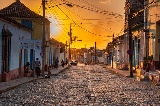 Sunset in the old streets of Trinidad in Cuba
