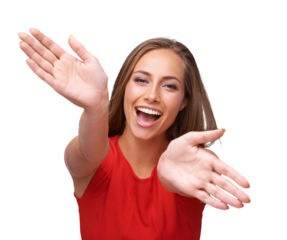 Portrait, isolated woman and hands clapping with excited face, smile and transparent png background. Girl, happy open palm and emoji or feeling cheerful, success and celebration for event or sale