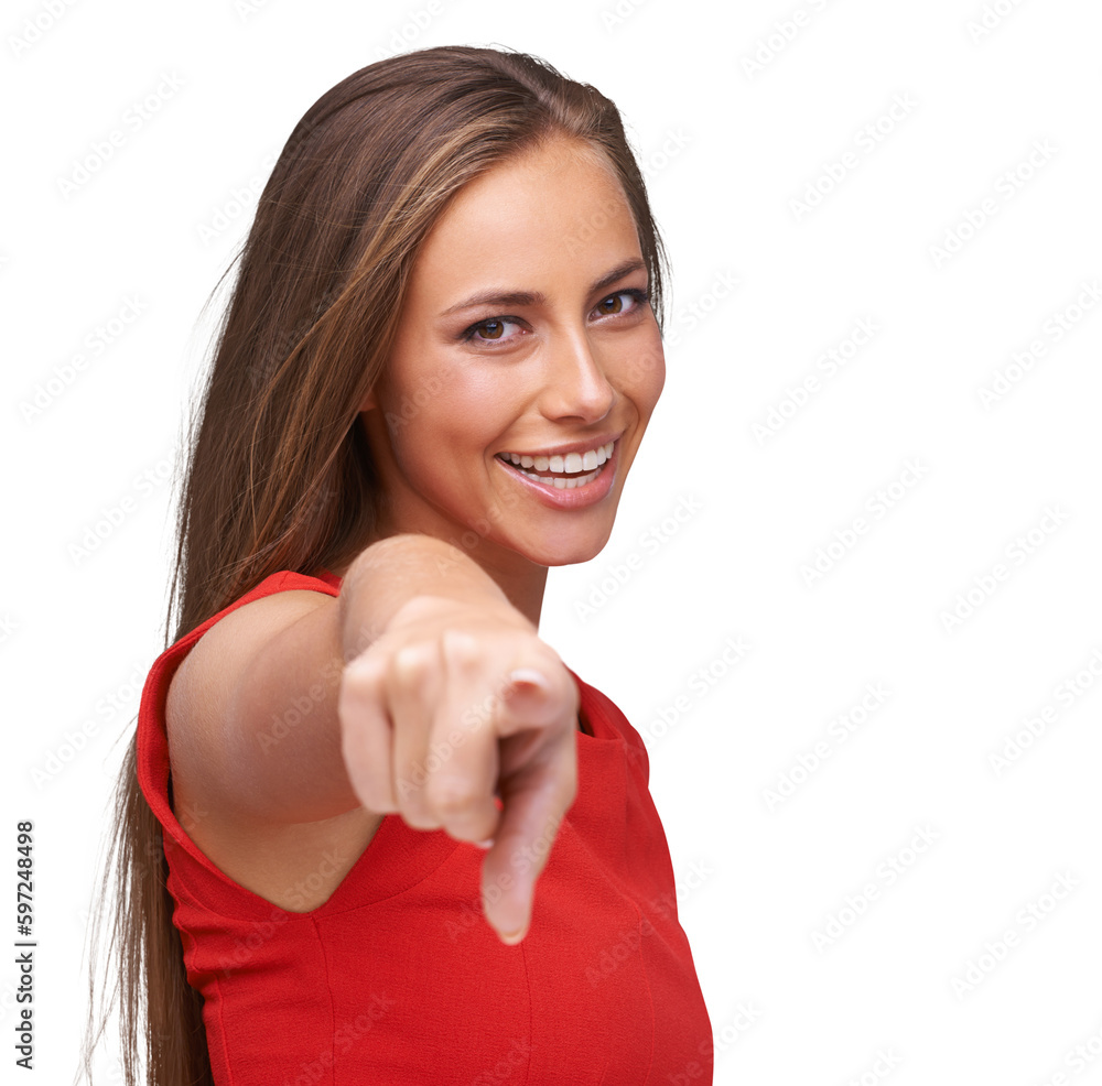 Sticker Smile, portrait and a woman pointing at you for choice, selection or opportunity isolated on a transparent png background. Excited, happy and hand gesture of a girl model with finger for a decision