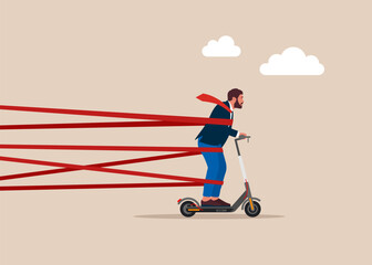 Businessman on a electric scooter tied up with red tape trying to run away with full effort. Struggle with career obstacle, overcome to success. Vector illustration 