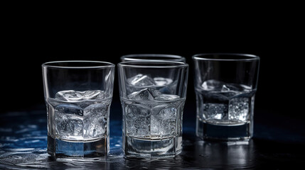 Vodka. Shots, glasses with vodka with ice. Dark background. Generative ai