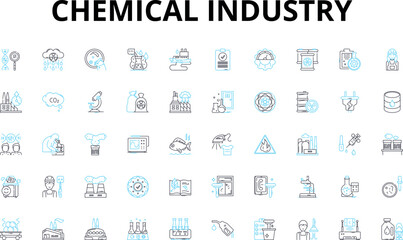 Chemical industry linear icons set. Polymer, Catalyst, Petrochemical, Solvent, Acid, Alkali, Reactor vector symbols and line concept signs. Petrochemistry,Refining,Enzyme illustration Generative AI - obrazy, fototapety, plakaty