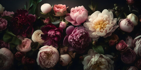 Dark moody floral peony flowers wall background