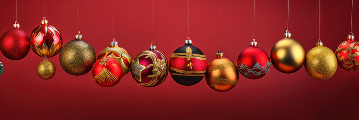 Fototapeta na wymiar Colorful and Festive Christmas Balls Banner on Red Background