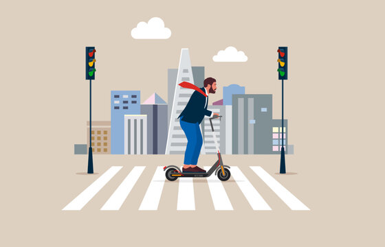 Businessman on a electric scooter  Traveling to Work in City.  Crossing Road by Crosswalk with Zebra Markup. Flat vector illustration.