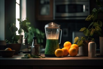 A vibrant green smoothie sits in a well-lit kitchen. Generative AI