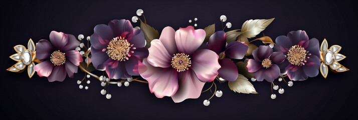 Happy Mother's Day or greeting card with beautiful fantastic flowers and jewels on a dark background, Generative AI