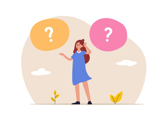 Choice, dilemma concept. Puzzled questioned person doubting in decision, right choice making. Business woman choosing, making decision. Flat vector illustration.