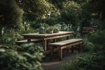 Fototapeta na wymiar A springtime scene with a wooden table in a verdant garden. Generative AI