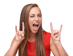 Rock, hand sign and portrait of woman for freedom, energy and heavy metal music. Female with funny expression, comic or face emoji of girl with punk gesture isolated on a transparent PNG background