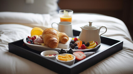 Tray with tasty breakfast on bed in light room - obrazy, fototapety, plakaty