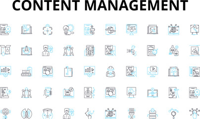 Fototapeta na wymiar Content management linear icons set. Organization, Collaboration, Workflow, Efficiency, Integration, Framework, Customization vector symbols and line concept signs. Accessibility,Security,Analytics