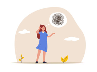 Stress management concept. Emotion during problem solving or frustration work. Woman looks at the mess of chaos with consternation. Flat vector illustration.