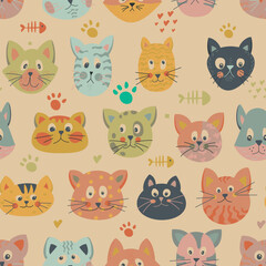 Seamless pattern of beautiful, bright cats on a yellow background. Perfect for wallpapers, gift paper, greeting cards, fabrics, textiles, web designs. Vector illustration. Hand drawn.