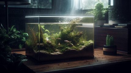 A small desktop freshwater planted aquarium tank, created with generative AI technology