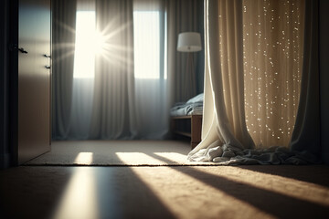 Modern bedroom with long sunny floor-grazing curtain. 