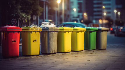 Collection of waste bins full of different types of garbage, recycling, generative ai