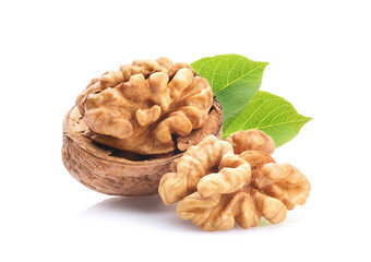 Walnuts in closeup on white background