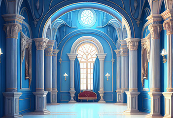 Photorealistic interior of a castle or palace decorated with blue ornamental stone and gold. AI generative. - obrazy, fototapety, plakaty
