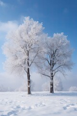 Fototapeta na wymiar Love Can Bloom Even Through Snow: Couple of Trees Standing In the Snow. Generative AI