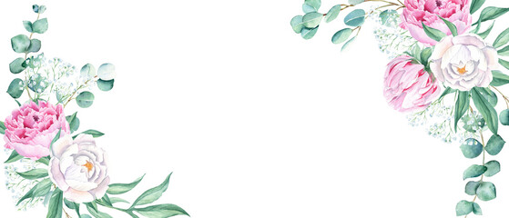 Floral watercolor banner, design frame. Pink and white peonies, eucalyptus and gypsophila branches. Hand drawn botanical  isolated on white background. Can be used for cards, wedding