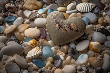 Obraz premium Love on the Beach - Heart-Shaped Seashells, Stones and Sea Glass for Valentine's Day: Generative AI