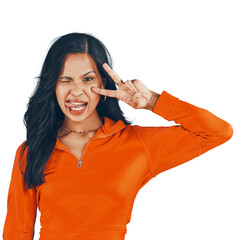 Portrait, tongue out and silly woman posing with stylish fashion isolated on a transparent png...
