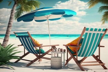 Beach chairs with parasol on tropical sandy beach. Generative AI